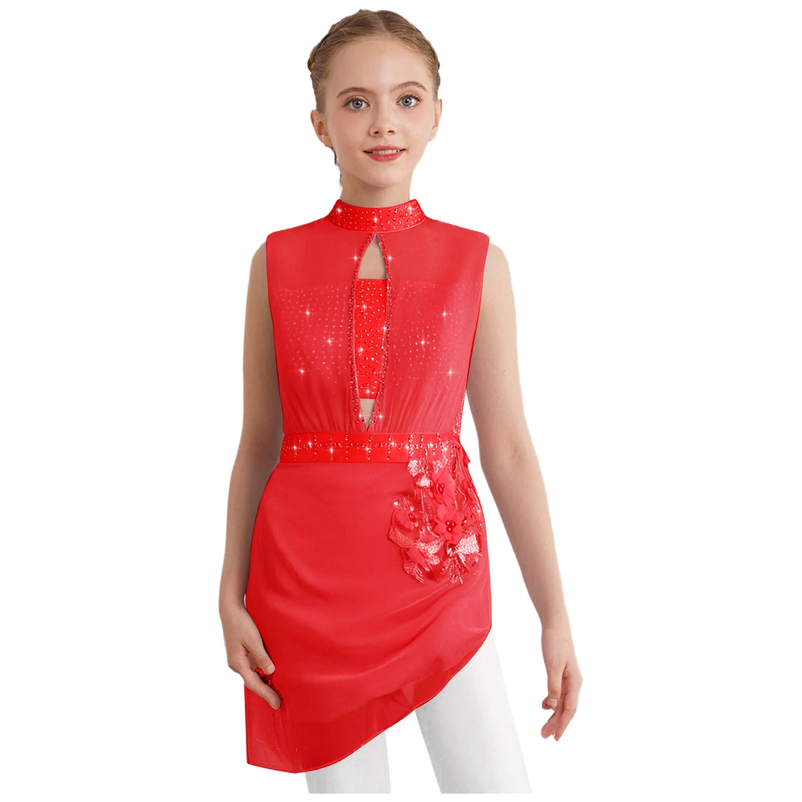 Kid Girls Leotard Figure Skating Lyrical Dance Dress Ballet Gymnastics Sleeveless Sheer Mesh Rhinestones Applique Leotards Dress