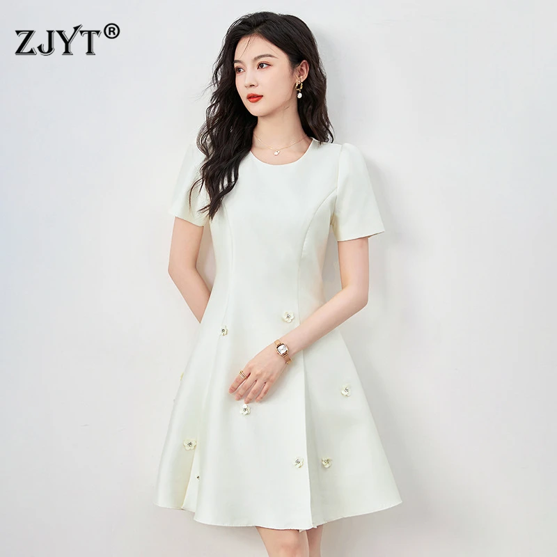 

ZJYT Fashion Summer Womens Dresses 2024 Beading O Neck Short Sleeve Party Dress White Black Vestido Elegant Feminino Clothes