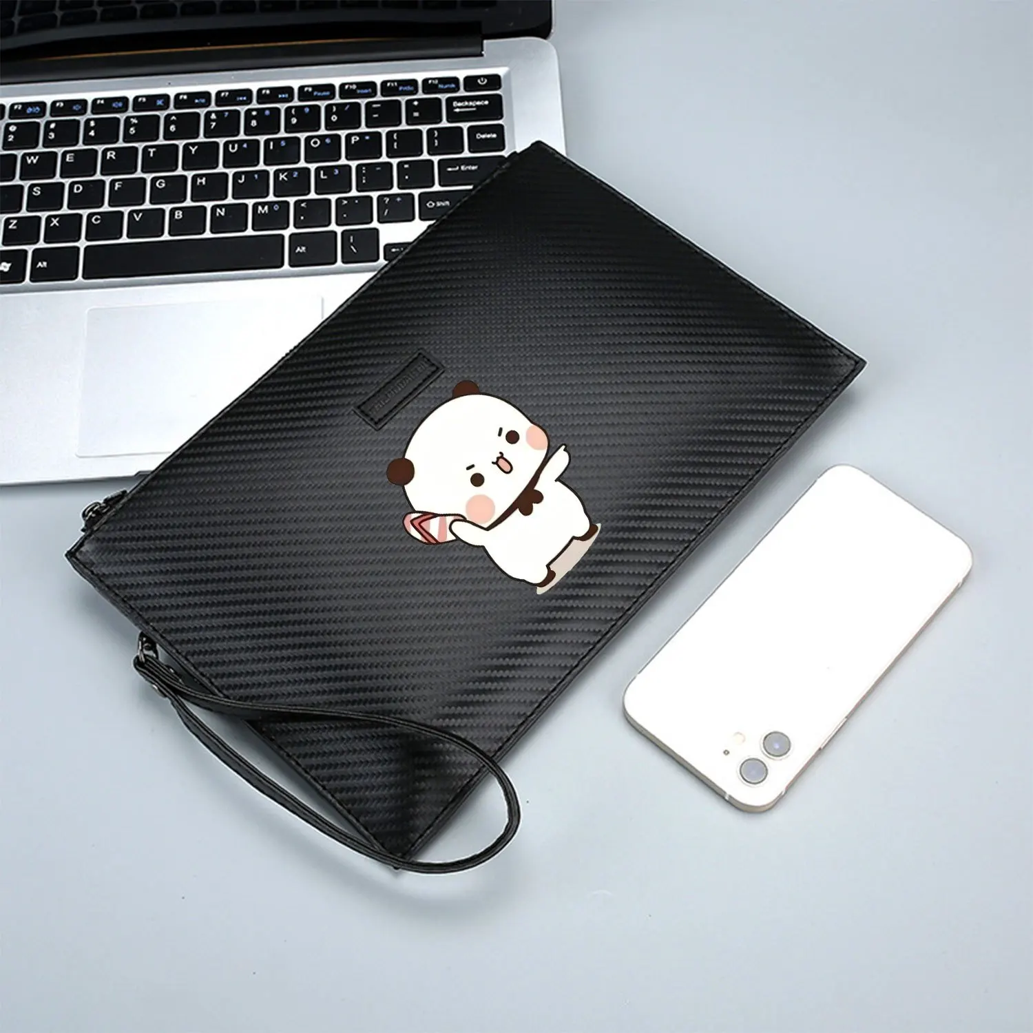 Lindo panda caramelo piruleta punto de mano elegante impreso PU bolso de hombre de moda y práctico para el transporte diario