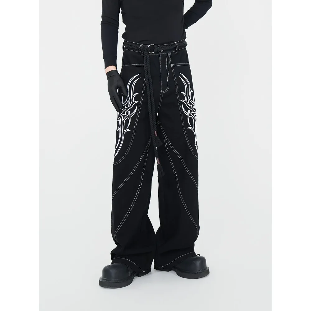 High Street Three-dimensional Embroidered Wide Leg Jeans Pants Men's Open Thread Straight Leg Jeans Retro Fashion Denim Pants
