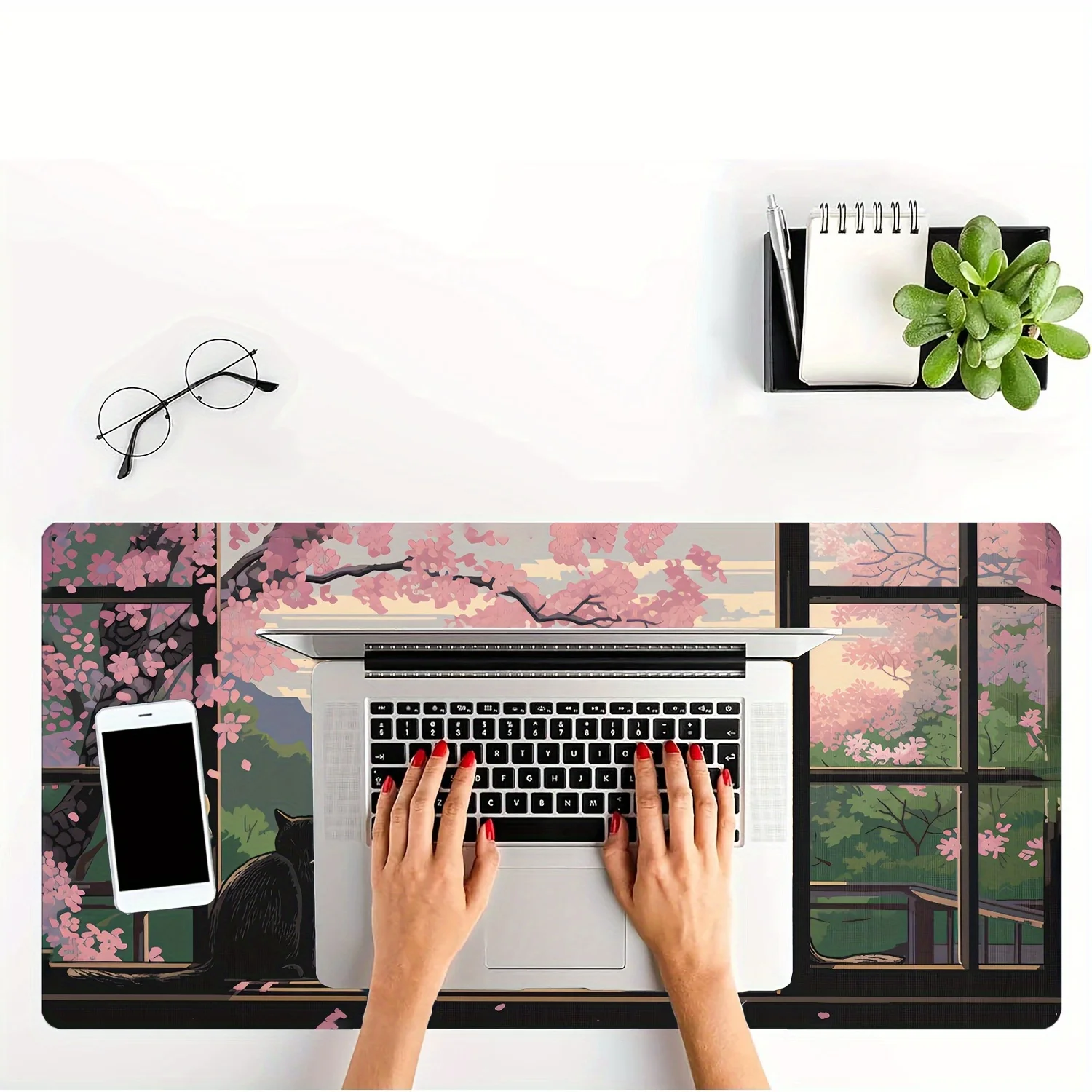 Podkładka pod mysz z motywem kwiatu wiśni i czarnego kota, duża mata na biurko z obszytymi krawędziami, gumowa antypoślizgowa podkładka pod klawiaturę, akcesoria do komputera, mata do gier.