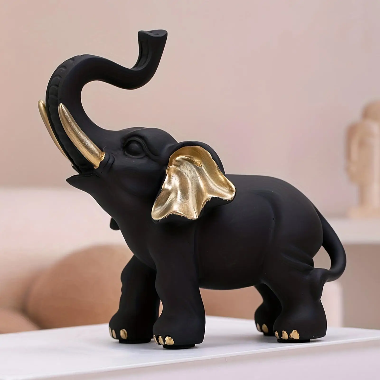 Schwarz-Goldene Elefanten-Statue, Elefanten-Skulptur aus Kunstharz, Elefanten-Dekoration, Tischfigur für Wohnzimmer und Zuhause