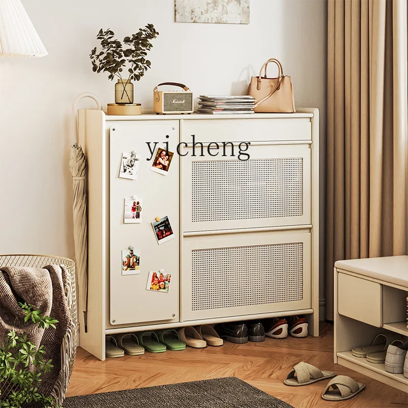 

ZC cream style shoe cabinet solid wood paint storage cabinet small apartment ins large capacity entrance cabinet