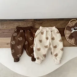 2024 Baby Boys Pants Autumn Winter Plush Warm Cartoon Bear Printed Infnat Boys Pants Cotton Plus Velvet Newborn Boys Trousers