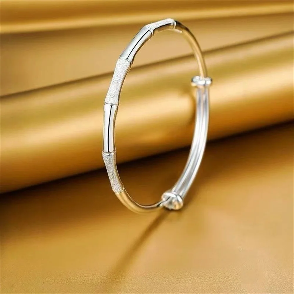 999 Sterling Silver Slide Adjustable Bangle for Women, Bamboo Joint Polished Solid Silver Bracelet Gift