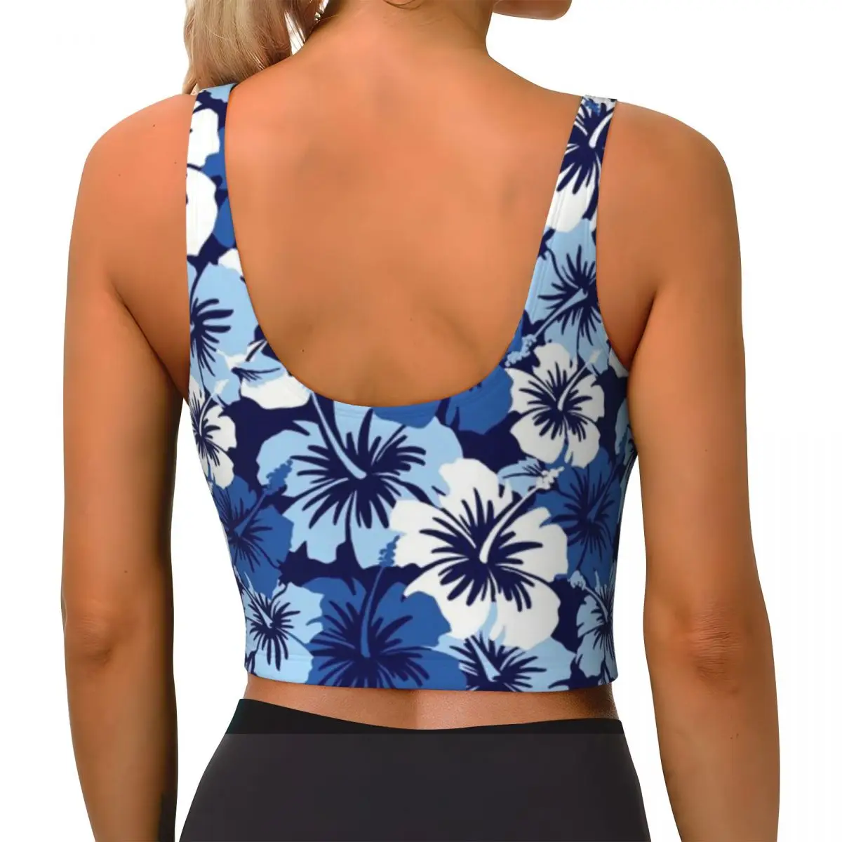 Seamless Workout Top Epic Hibiscus Hawaiian Floral Aloha Shirt Print - Blue Teen Sports Class Padded Sports Vest