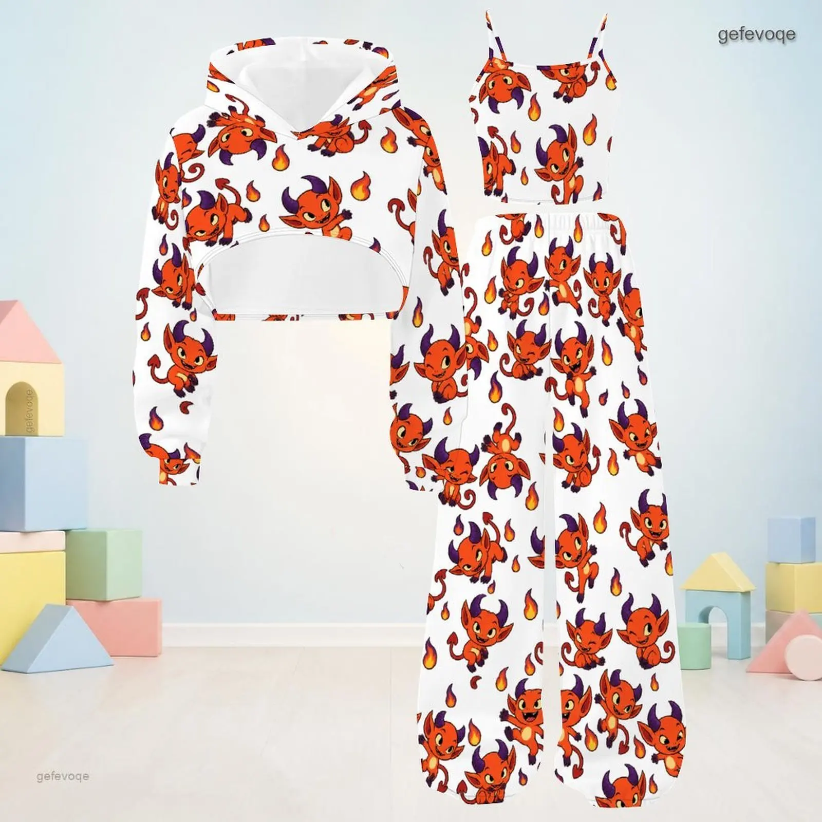 Autumn Graphic Print Girls 3 Piece Outfit Girls Hooded Mischievous Children Clothing Party Wear