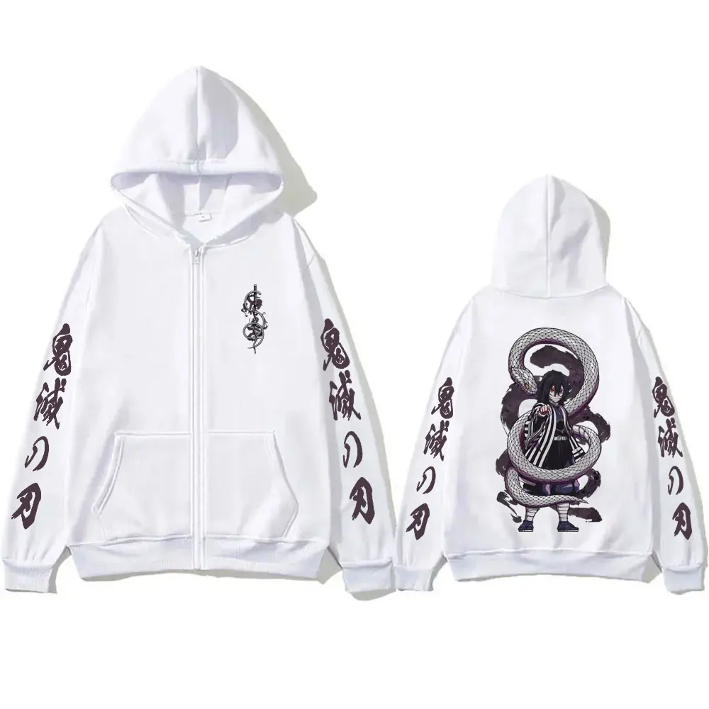 Anime Demon Slayer Serpent Hashira Iguro Obanai Graphic Print Zipper Hoodie Men Women Fashion Oversized Zip Up Jacket Sweatshirt