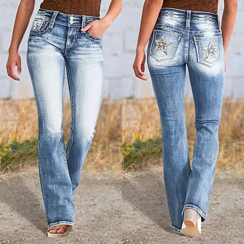 Jeans denim Flare Pants Women Vintage Trousers Mid Waist Slim Embroidery Pockets Button Washed Distressed 2026 Streetwear Denims