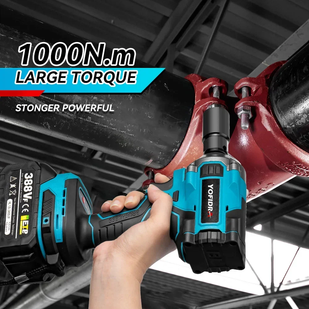 Yofidra 1000N.m Brushless Electric Wrench 1/2 Inch Cordless High Torque Car Driver Impact Power Tools For Makita 18V Battery