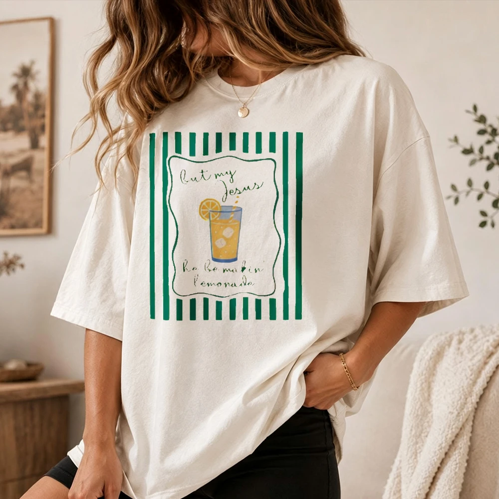 Short Sleeve Graphic Tee for Women Jesus Lemonade Religious Quote Summer Spring White Cotton T-Shirt with Green Striped Borde