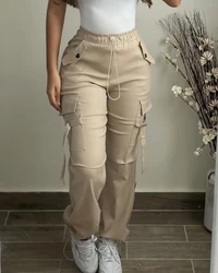 Damen-Cargohose, 2024, Herbstmode, Straßentaschen-Design, Kordelzug, Bündchen, täglich, lässig, einfarbig, lange Hose, vielseitig