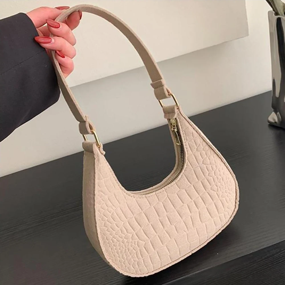 Modieus Vilt Patroon Schoudertassen Voor Dames Klein Handvat Onderarmtas Clutch Luxe Effen Kleur Vrouwelijke Handtas Met Tas