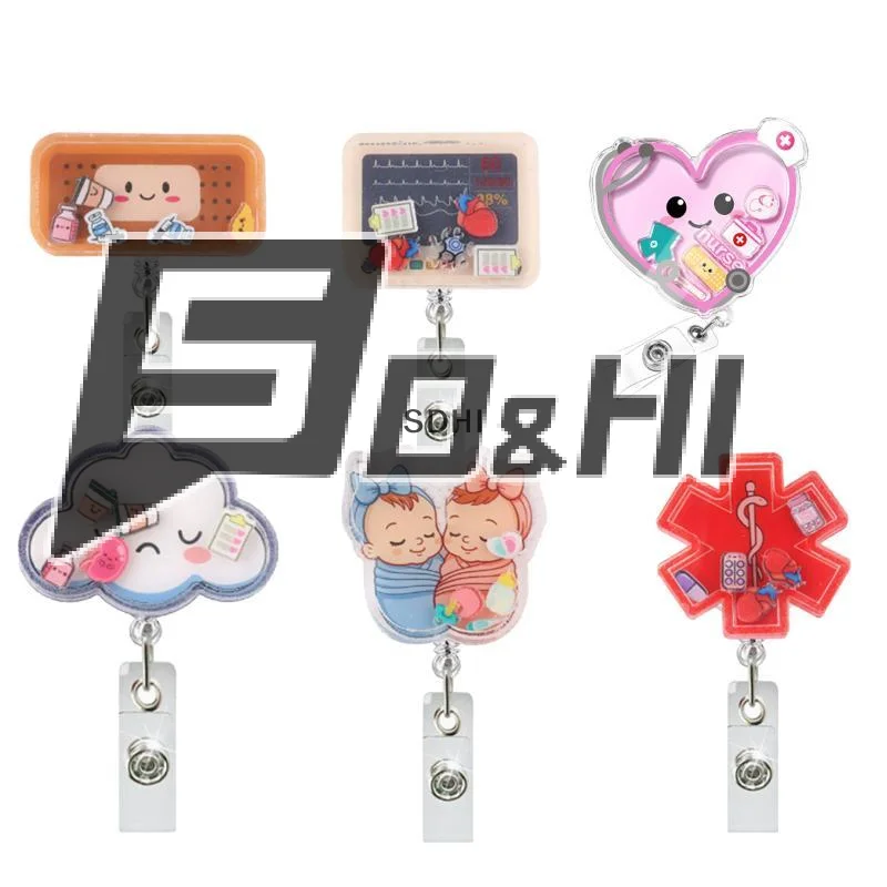 1Pcs Shaker Acrylic Anime Baby Heart Shape Cloud Retractable Nurse Badge Reel ID Card Holder Alligator Clip