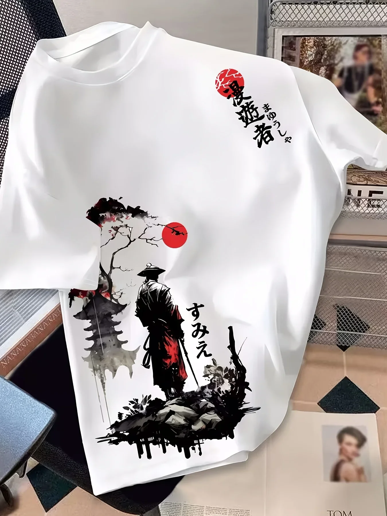 Men Japanese Ink Wash T Shirt Cotton Samurai Mountain Red Sun Graphic Print Oversized Streetwear Casual Short Sleeve Tee Vintage