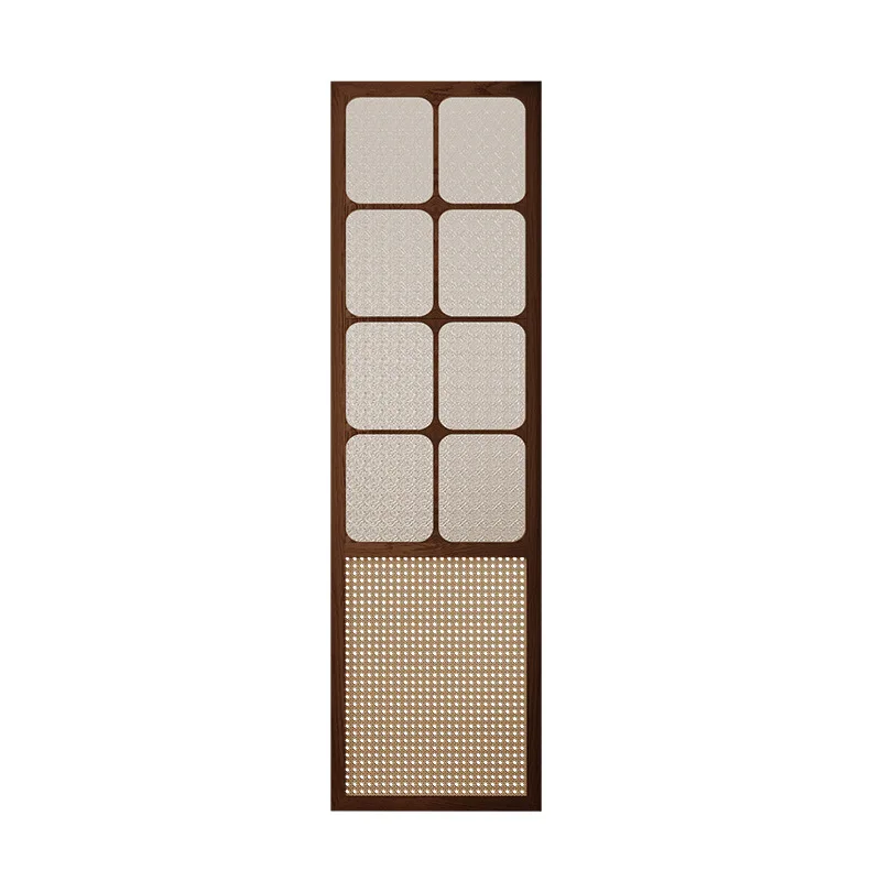 Retro Solid Wood Screen with Begonia Glass Panel Rattan Room Divider for Living Room Entrance Vintage Style Partition Decor