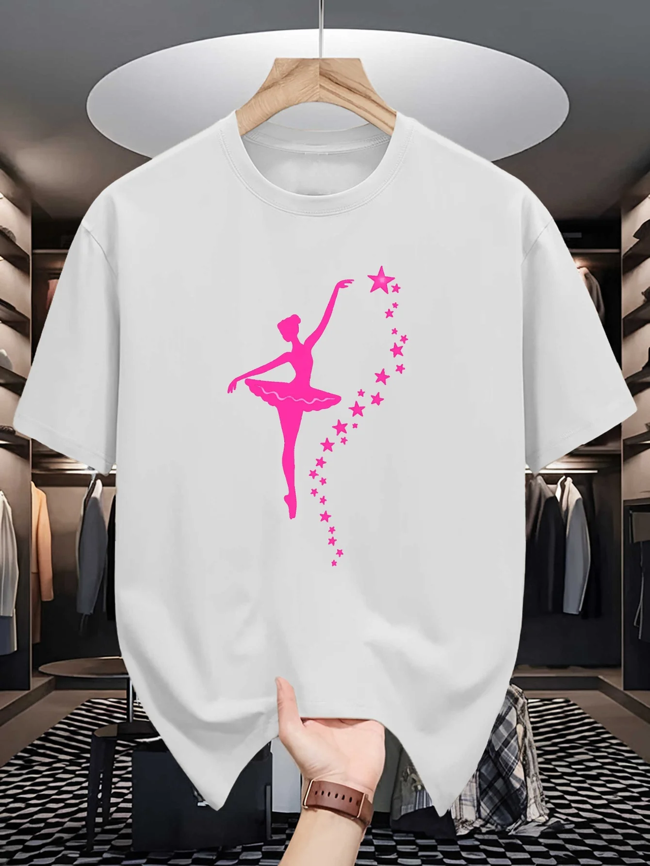 Ballet Lover Men Short Sleeve Tshirt Graceful Pink Dancer Star Stream Silhouette Print O Neck Tee Dance Art Male Casual Tops