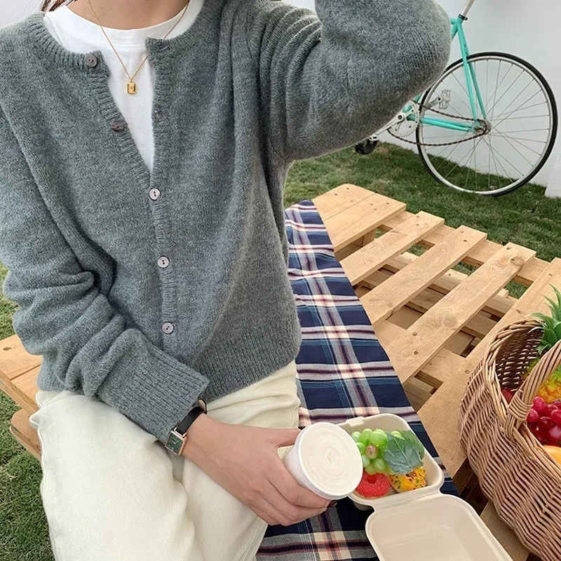 Autumn Korean Fashion Elegant Sweaters 90s Cardigan O Neck Purple Grey y2k Loose Oversize Sweater Women Argyle Cardigans 2023