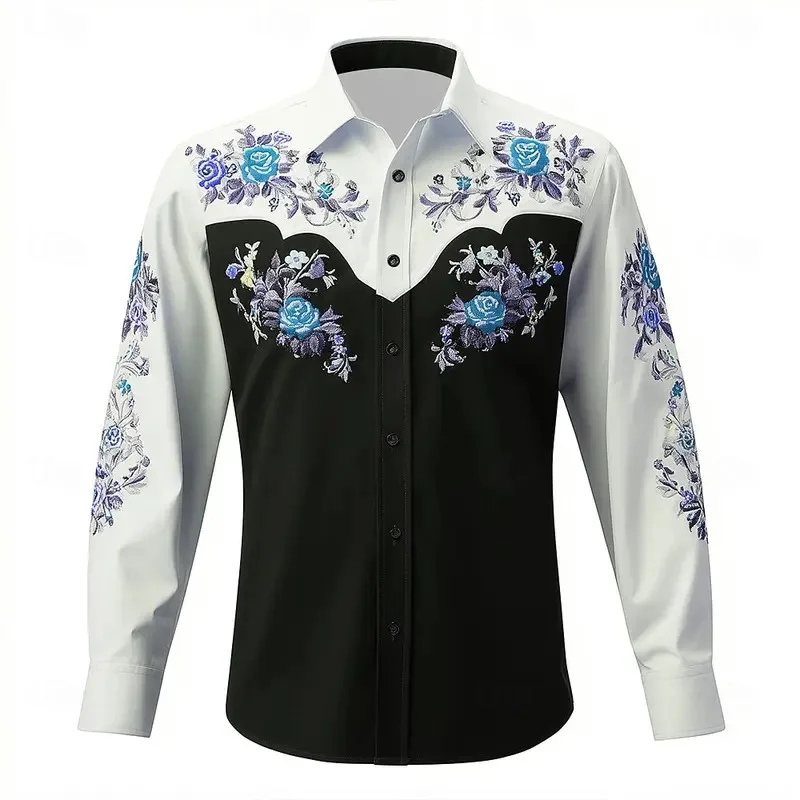 Kemeja Pria Lengan Panjang 2025 Motif Bunga Gaya Koboi Barat Pakaian Jalanan Musim Gugur Kasual Nyaman Bahan Poliester Slim Fit