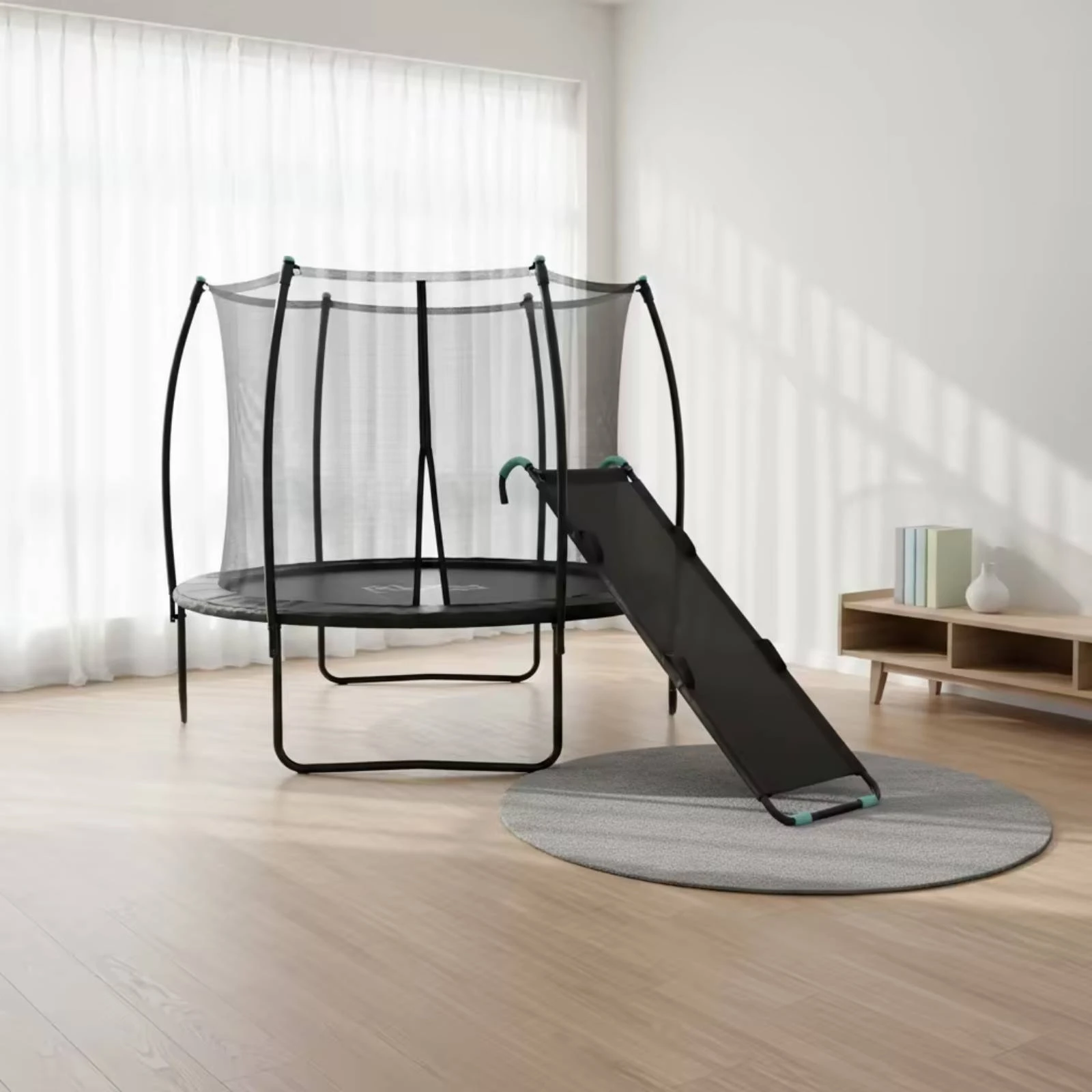 Trampoline Slide Ramp Raised Raised Edges Mesh Trampoline Ramp Outdoor Play Equipment Textured Finish Black