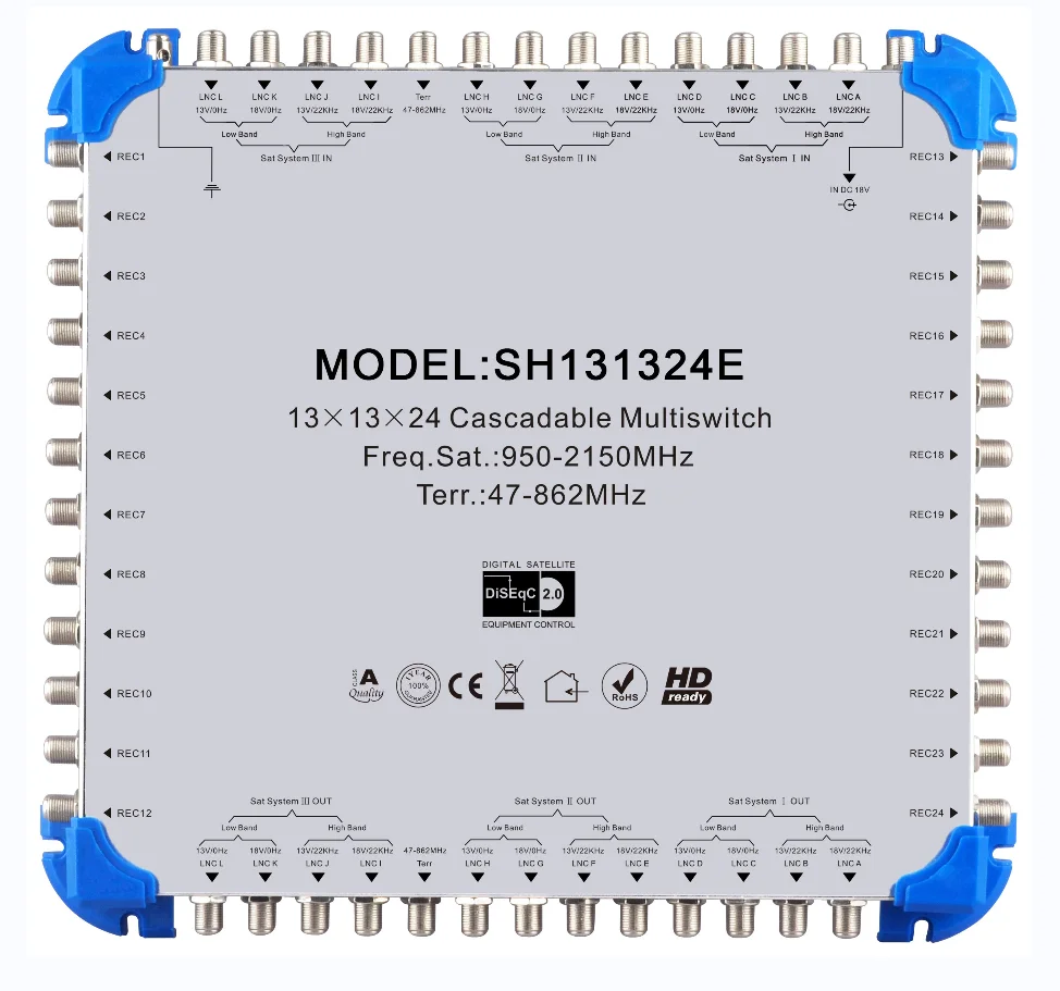 

13 IN 24 OUT Multiswitch distribute signals from 3 satellites and 1 terrestrial TV to up to 24 user outlets 13x13x24 Cascadable