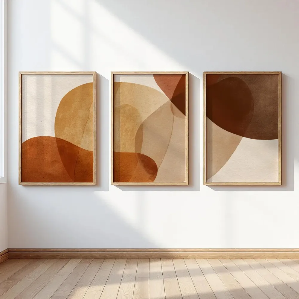 Conjunto de 3 Peças Sem Moldura, Impressão Contemporânea, Tríptico Abstrato em Terracota e Bege, Arte Neutra para Decoração Escandinava na Sala de Estar
