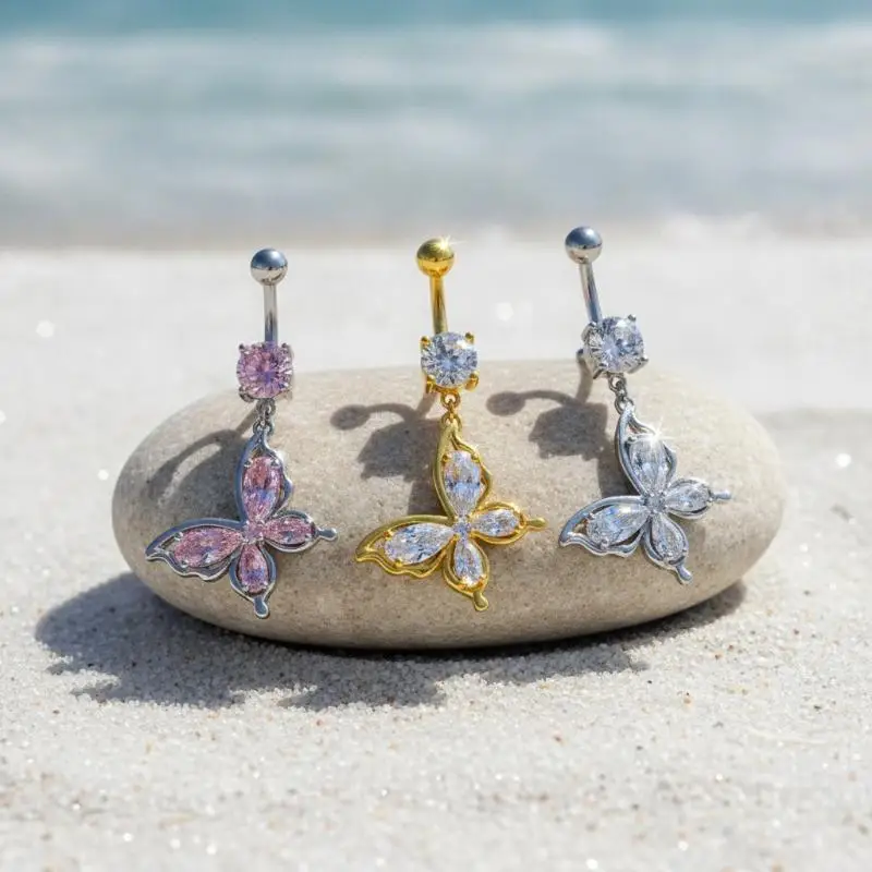 Embedded Zircon Belly Button Rings Openwork Butterfly Heart Pendant Piercing Jewelry Navel Ring Belly Button Piercing