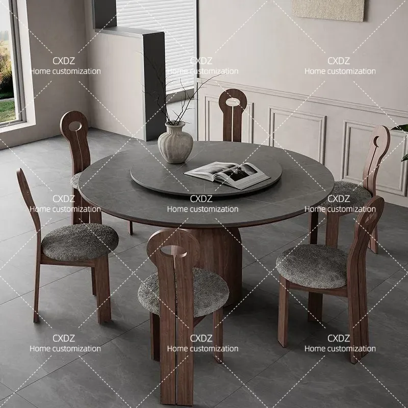 Medieval Style Solid Wood Round Dining Table Set with Turntable Simple Rock Slab Top for Small Apartment Household Use