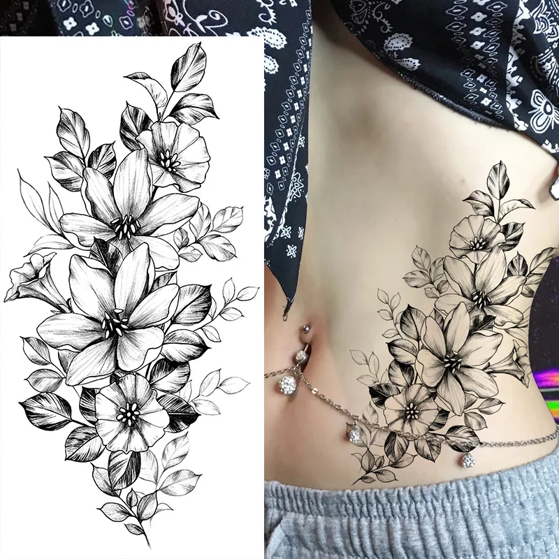 Skizze blumen skizzieren tätowierung rosen blüten schwarze und weiße blumen temporäre tattoos aufkleber größe: