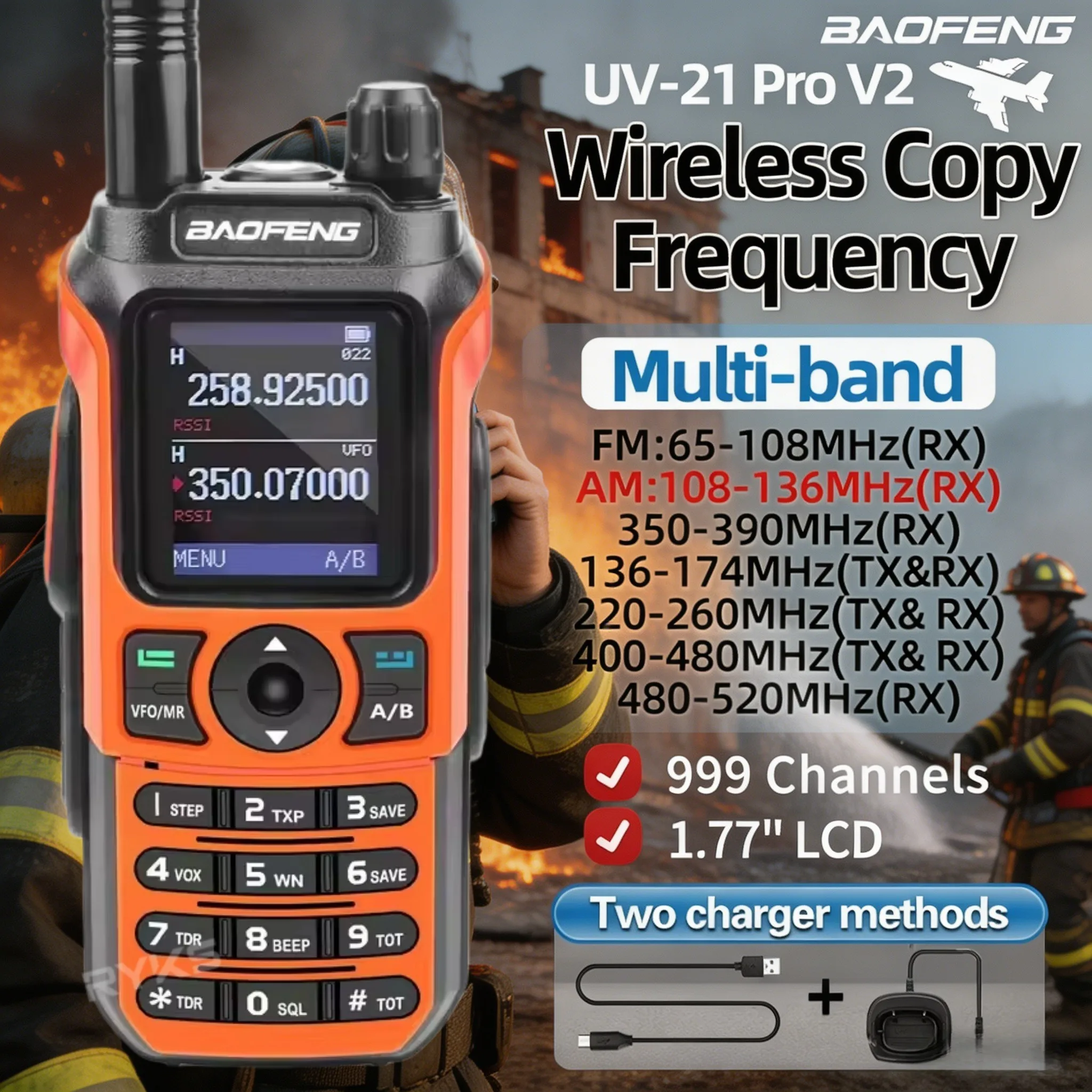 Power Grid Inspection Walkie Talkie Baofeng Uv-21 Pro V2 10W Multi-Band Air-Band Receiving Handheld Radio Sos 999Ch Vox