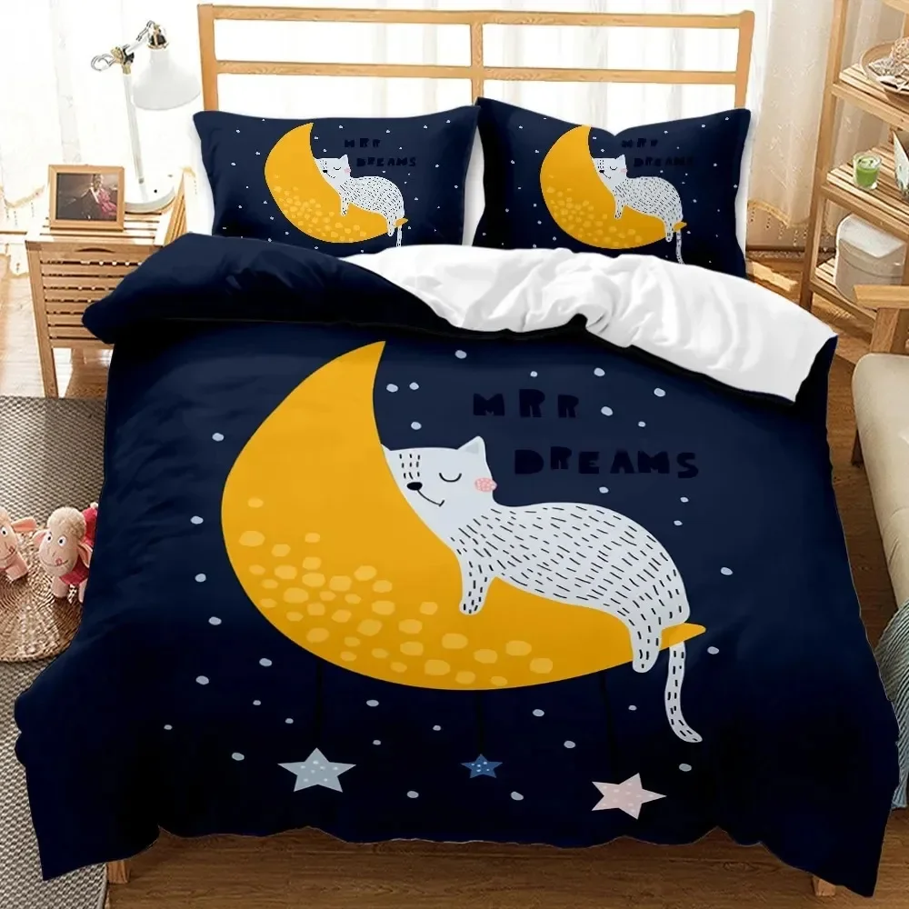 Cat Duvet Cover Queen Size,Cartoon Kitten Sleeping on Crescent Moon Stars Night Dreams Polyester Comforter Cover for Boys