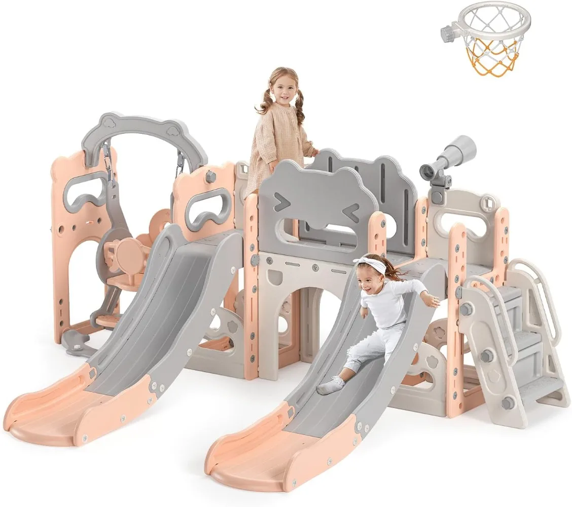 Toddler Slide and Swing, 10 in 1 Toddler Indoor Playground, Slide for Toddlers, Outdoor Playset Backyard with Basketball Hoop