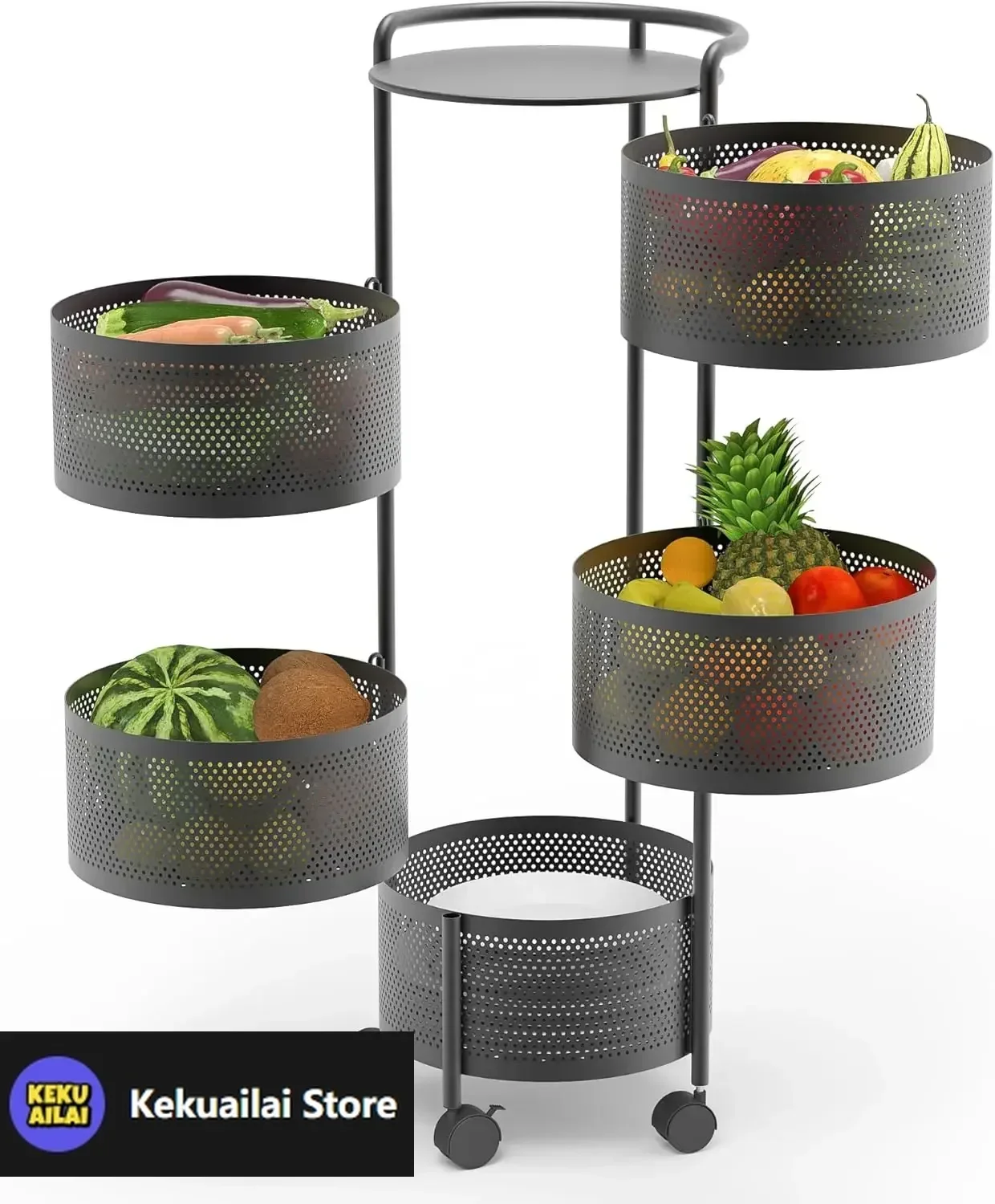 

Rotating Fruit Basket, 5-Tier Metal Sturdy Kitchen Storage Rack Shelf Carts No Assembly on Rolling Wheels