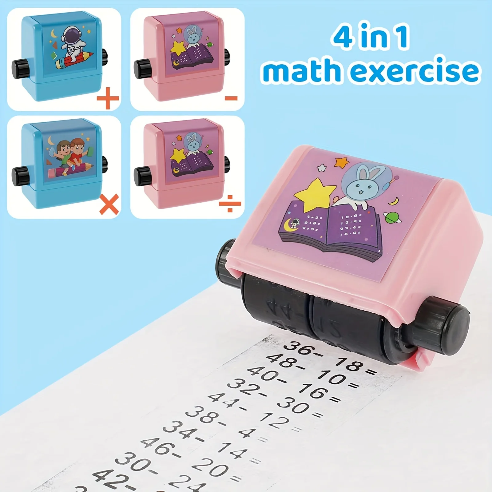 Children\'s addition, subtraction, multiplication and division math roller stamps, 1 bottle of refill ink