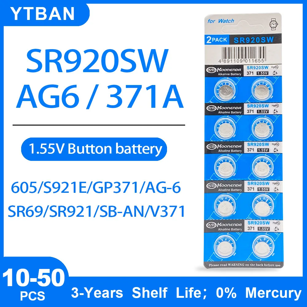 10-50PCS AG6 Button Battery SR920SW 371A Cell Coin Alkaline Toys Watch Battery 1.55V L921 LR69 171 370 371 No Mercury