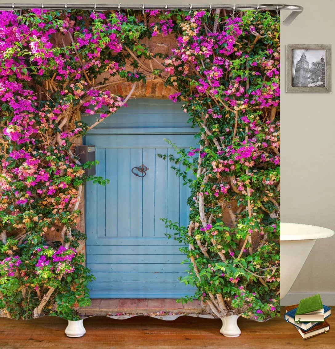 Waterproof Flowers Scenery Shower Curtains, Rural Street, Bathroom Polyester Fabric, Washable Decor, Bath Curtains