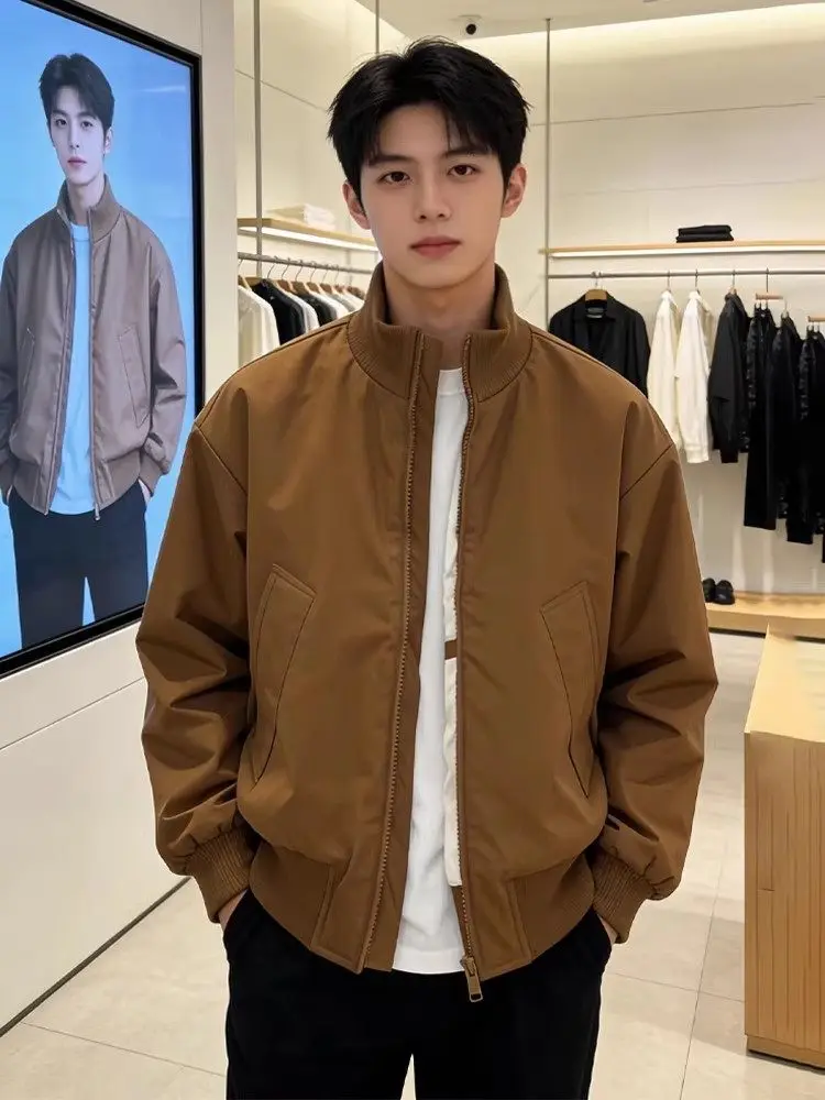 Brown American Style Flight Stand Collar Jacket Men's Spring New Three-proof Short Coat High Sensation Cool Looking Outerwear