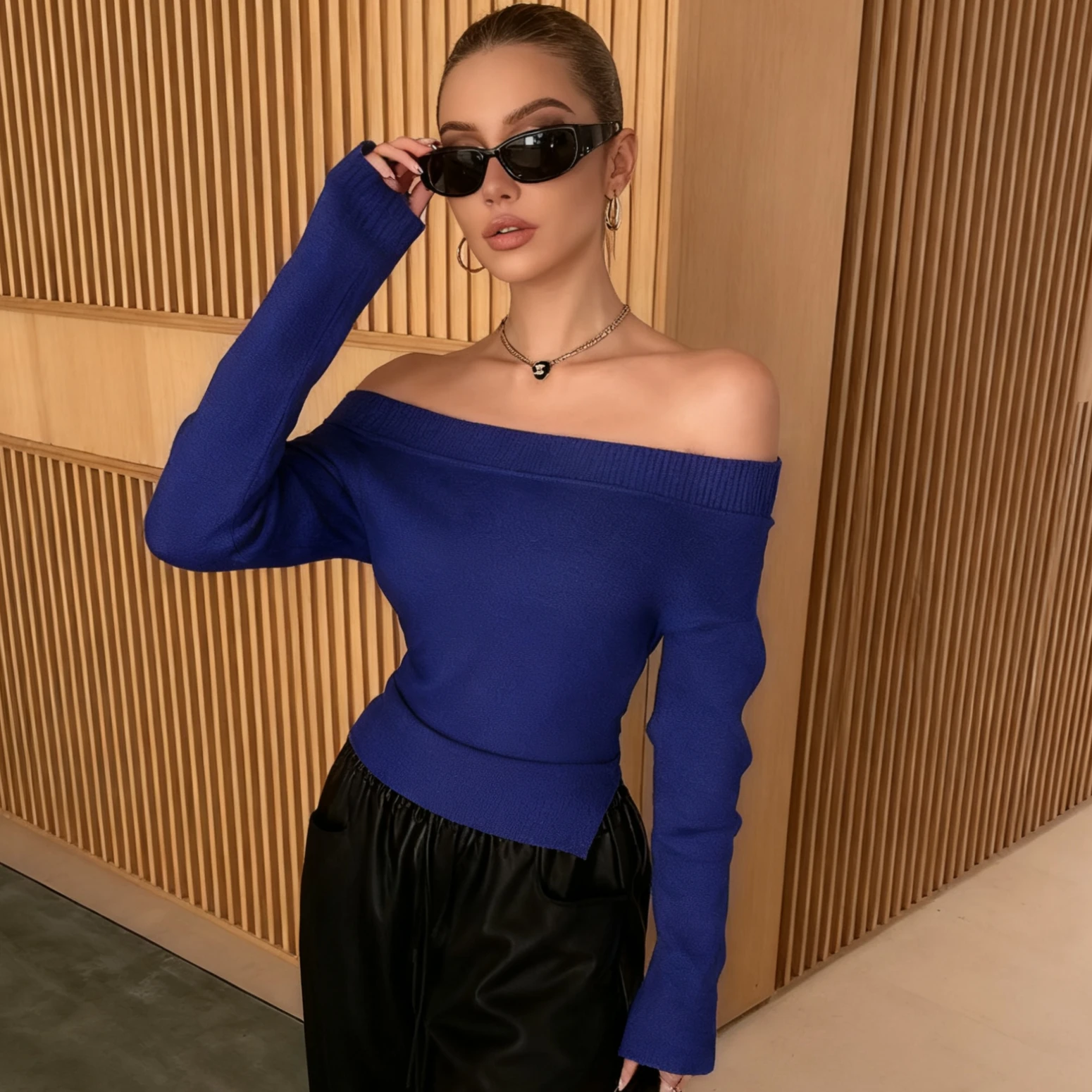 Women's Y2K Off - Shoulder Ribbed Knit Top, Soft Stretchy Fabric, Flare Sleeve, Slim Fit, Trendy Multi - Color Sweater