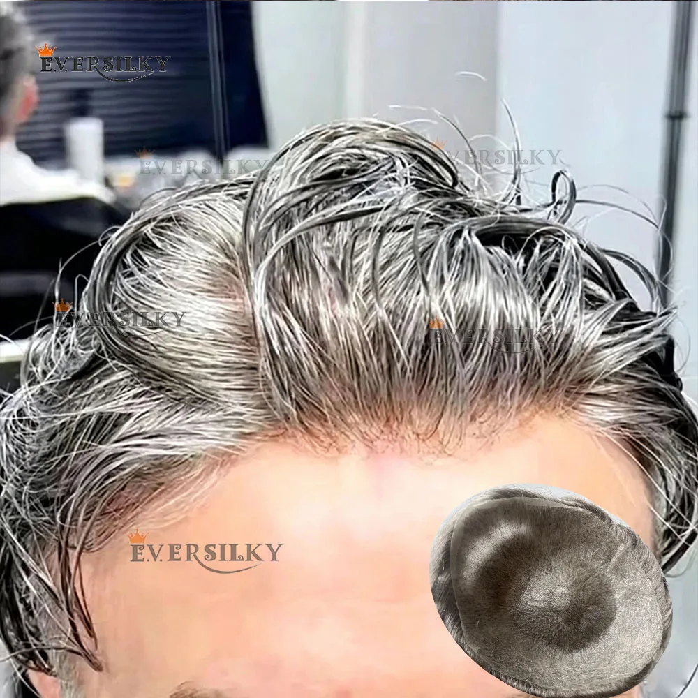 Super Natural Hairline 80%Density 0.02mm Ultra Thin Skin Invisible Vloop 1B40 520# Grey Men Toupee Human Hair Capillary Prosthes