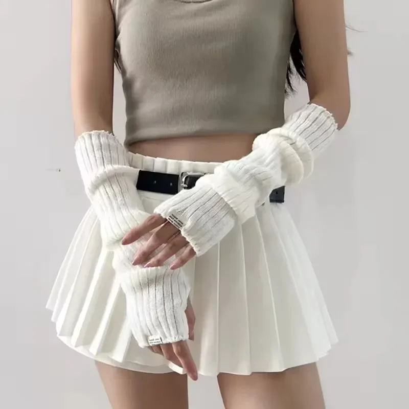 Y2K Sweet Knitted Arm Warmers Long Sleeve Fingerless Gloves Harajuku Style Punk Gothic Mittens for Girls Spring Accessory