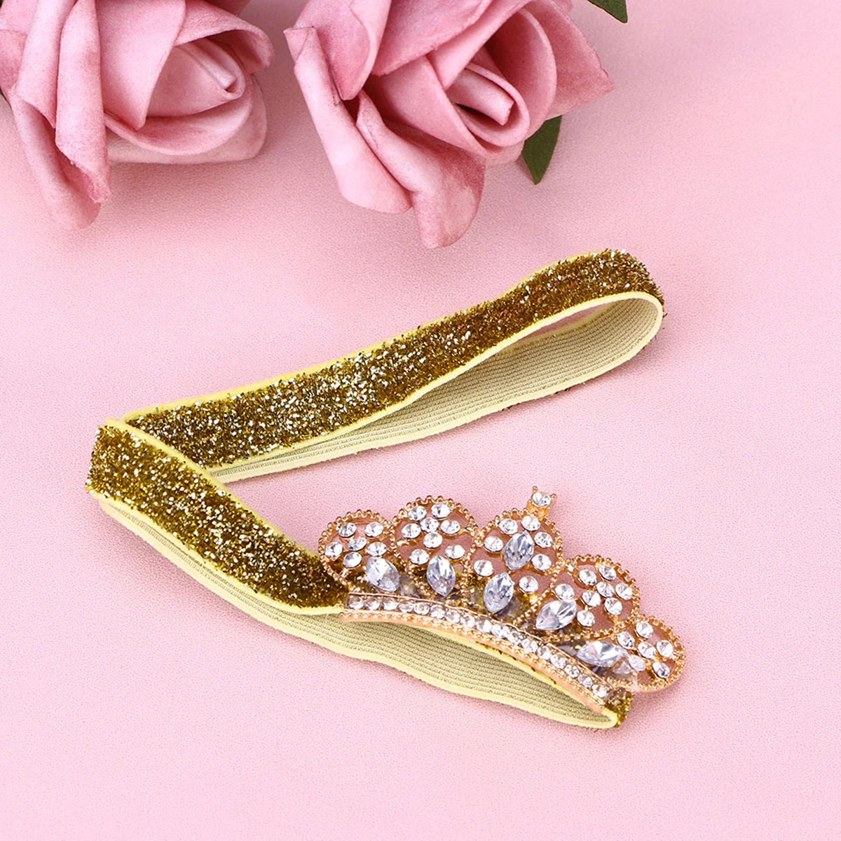 

Baby Rhinestone Crown Headband Golden Ribbon Soft Elastic Hairband Birthday Photography Baby Tiara Headband Water Drill Crown