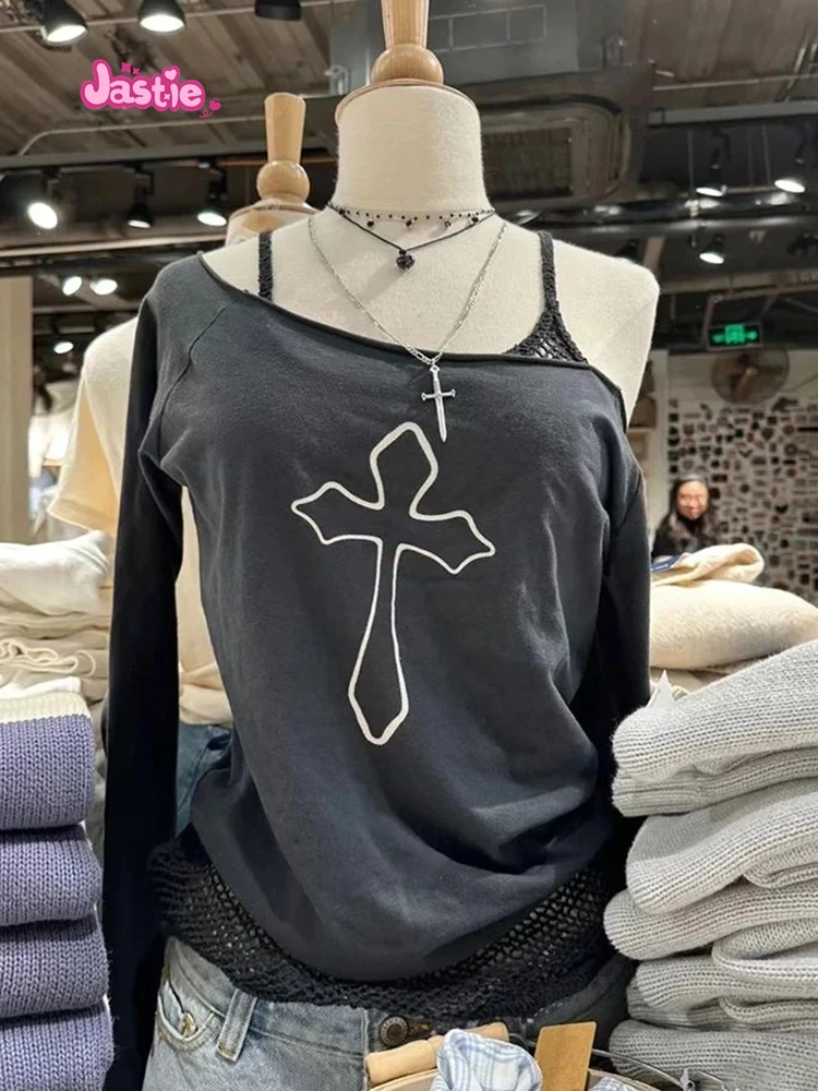 

Black Cross Print Raw Trim Women's T Shirt Summer Sexy Slash Neck Cotton Long Sleeve Tees Vintage Streetwear Casual T-shirts Y2k