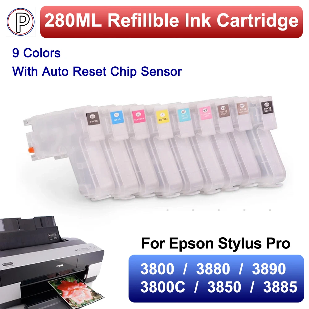 280ML 9 Colors Refillable Ink Cartridge with Auto reset chip Sensor For Epson Stylus Pro 3800 3880 3890 3800C 3850 3885