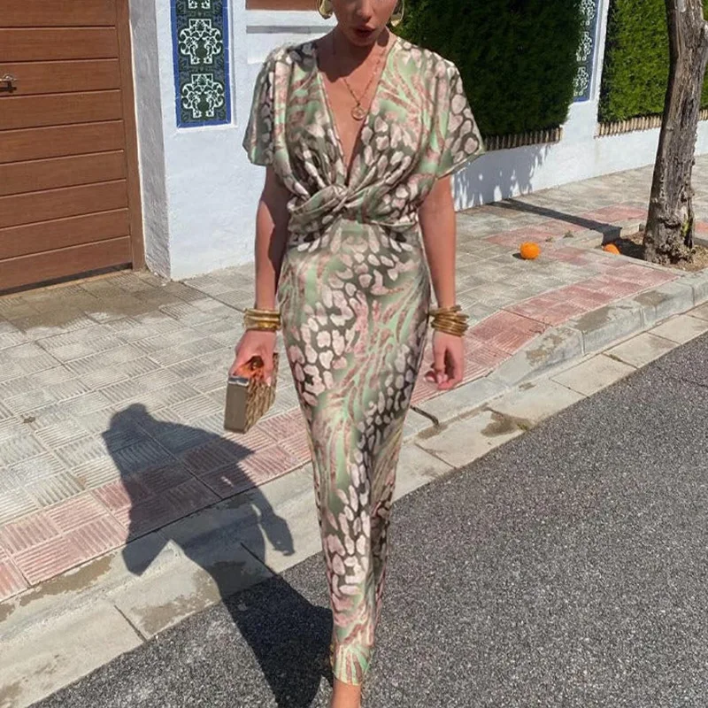 Sexy V Neck Bodycon Print Twist Dress Dresses Spring Summer Fashion Tight Knot Party Clubwear