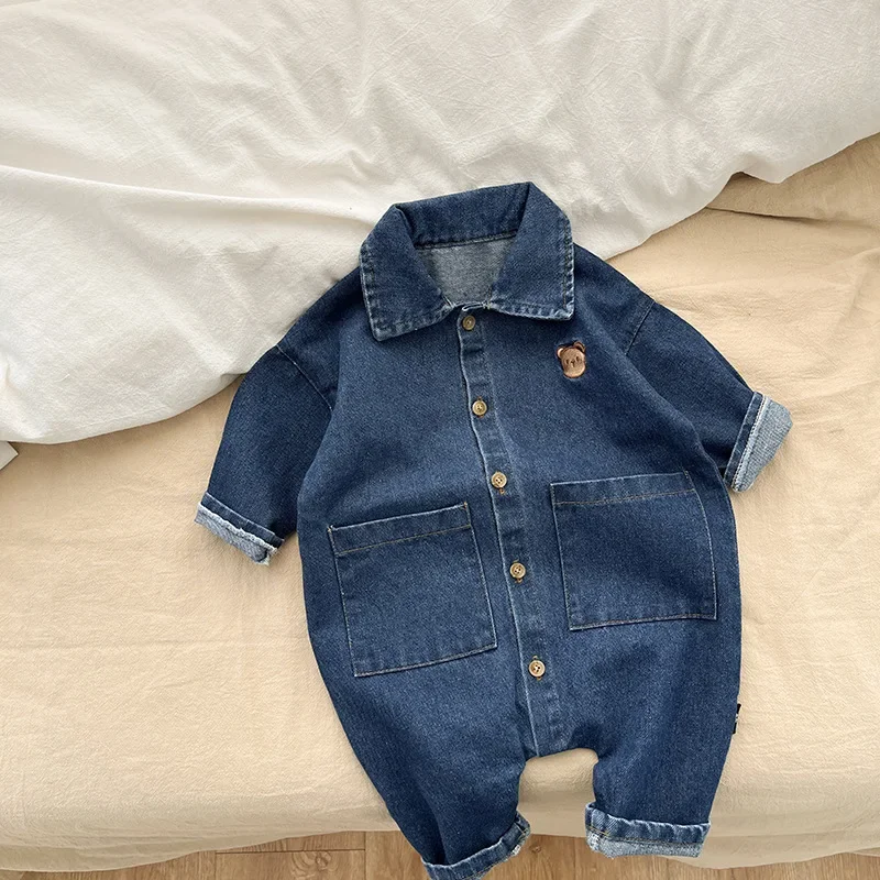 Baju monyet bayi laki-laki perempuan, jumpsuit Denim pakaian untuk bayi dan bayi baru lahir Super lucu luar ruangan pakaian merangkak