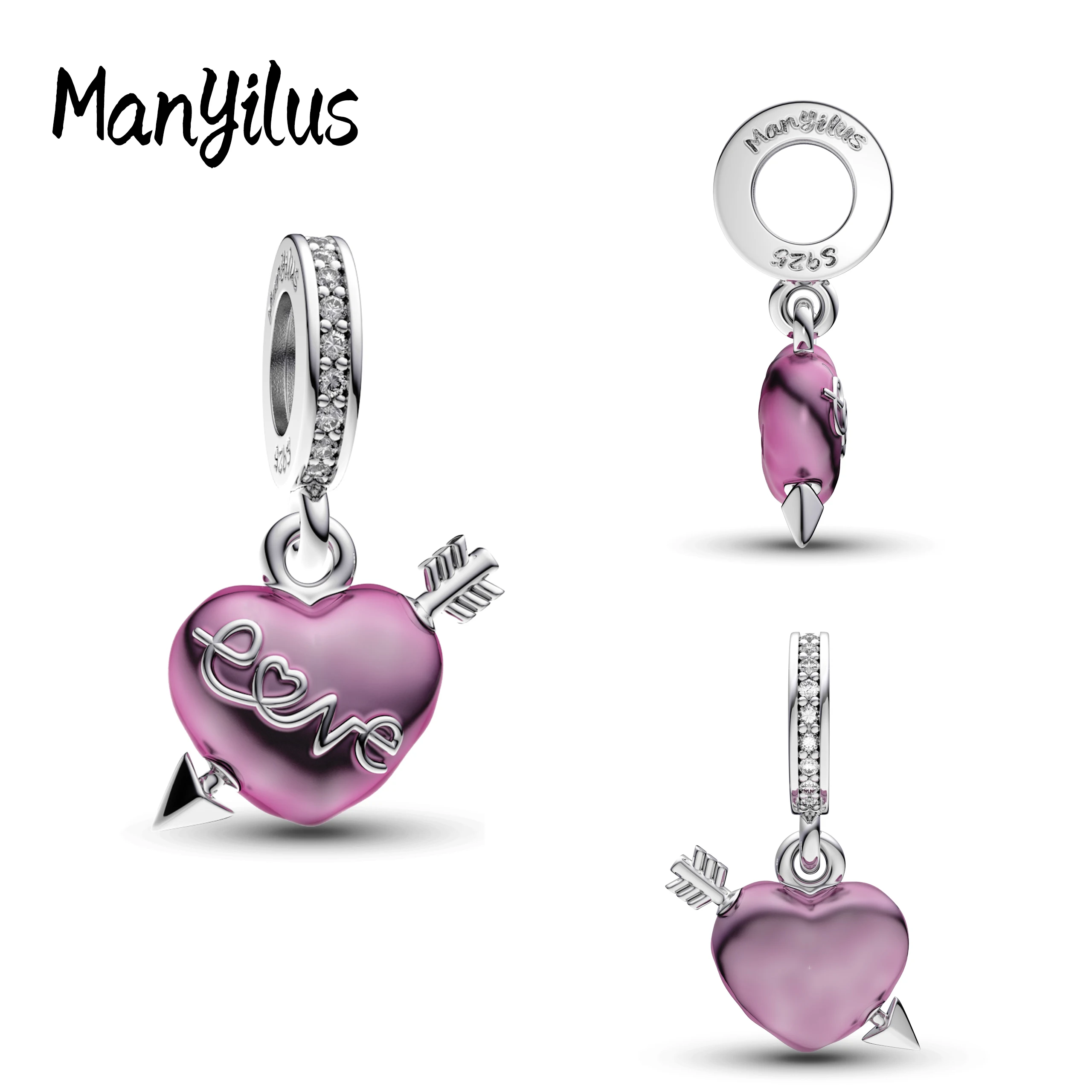 

Manyilus S925 Silver Love Arrow Pink Heart Charm for Original Bracelet Romantic Valentine Jewelry Pendant DIY Sweet Gift for Her