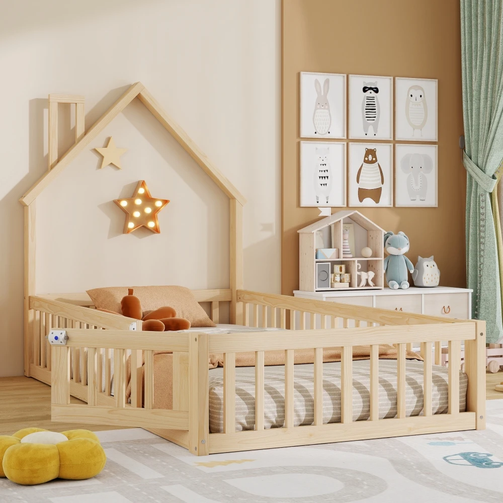 Lit enfant en forme de cheminée, en pin massif, avec sommier à lattes, minimaliste, naturel, sans matelas