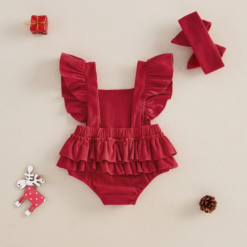 Baby Girl Overalls Romper Christmas Tree/Santa Embroidered Sleeveless Square Neck Corduroy Jumpsuits Headband 2 Pieces Sets