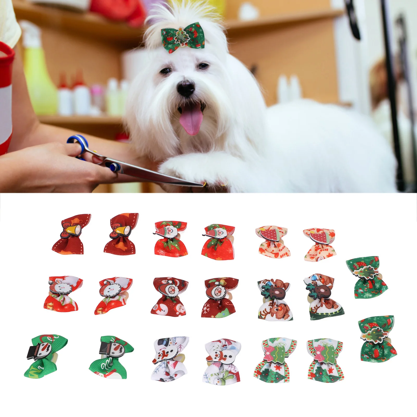 20 Pcs Dog Bows Pet Dog Grooming Accessories Products Handmade Christmas Small Dog Hair Bows Rubber Band Cat Hair Clips