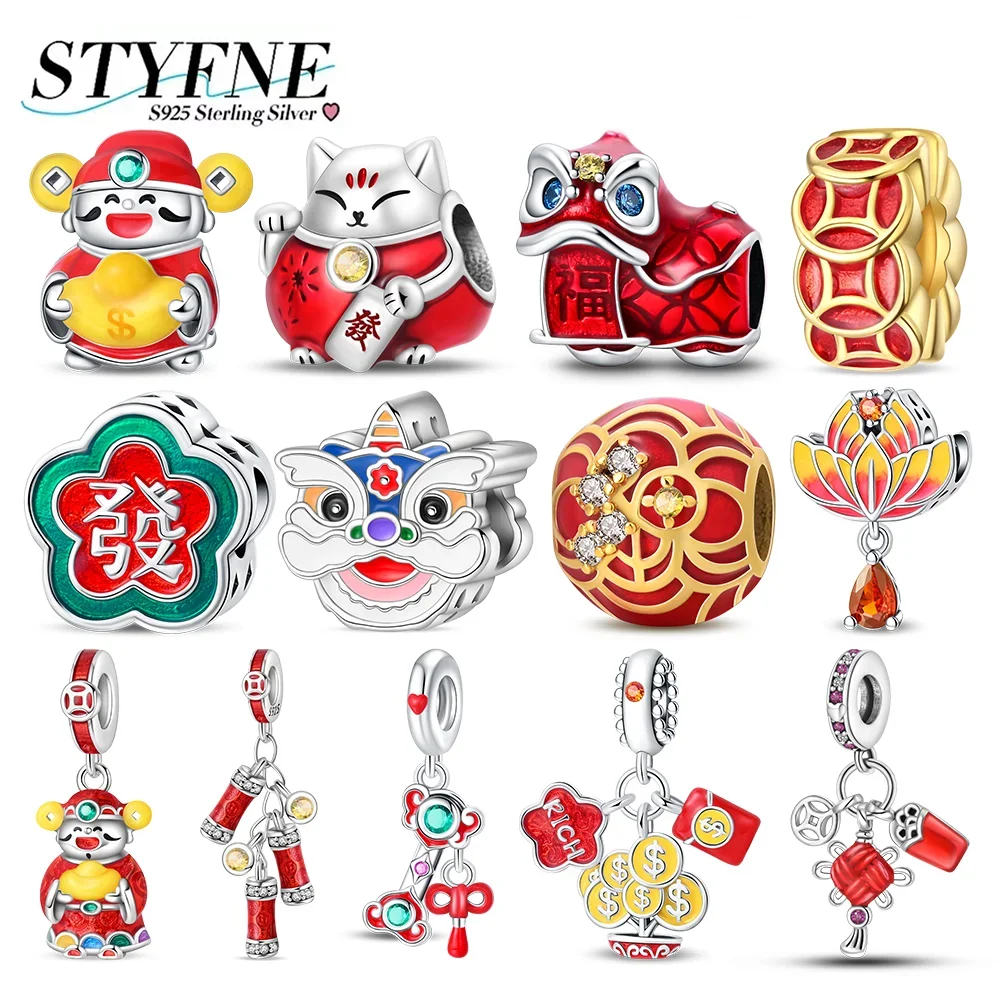 925 Chinese Elements Charms Bead The God of Wealth Lion Dance Maneki Neko Bead Pendant Fit Original Bracelet DIY Jewelry